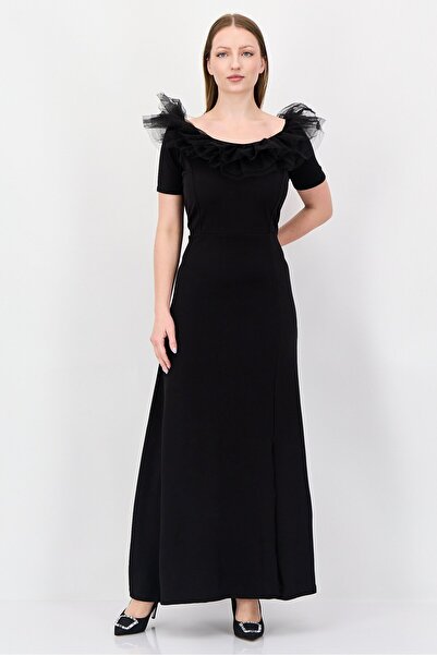 freesoul Women Short Sleeve Textured Maxi Dress, Black