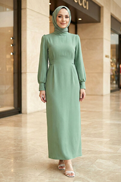 FERHEL Hakim Collar, Belted, Back Zipper, Sleeve Cuffs, Hijab Pencil Dress - ...