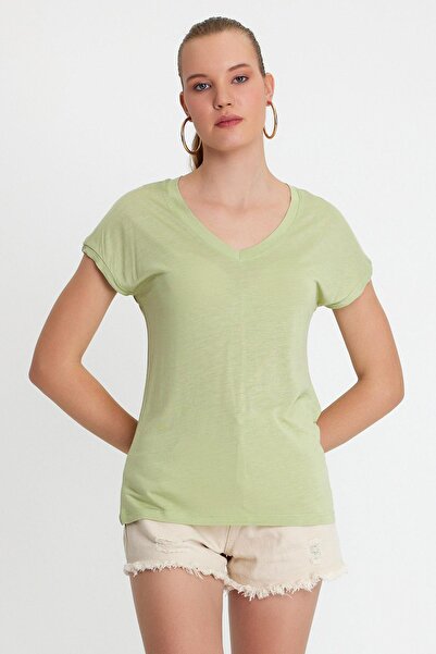 QUHOX Γυναικείο μπλουζάκι από ύφασμα μπαμπού με λαιμόκοψη V σε χρώμα μέντας