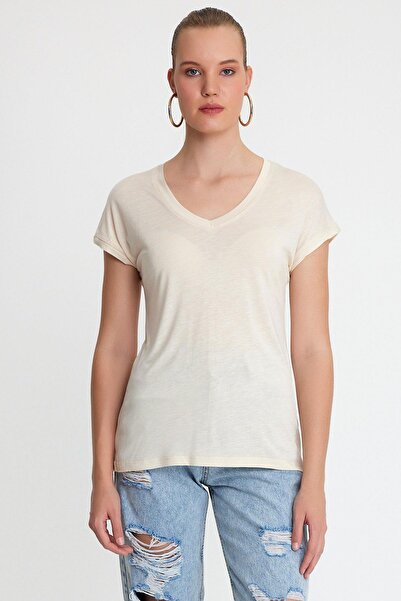 QUHOX Γυναικείο μπλουζάκι από ύφασμα μπαμπού με λαιμόκοψη σε μπεζ χρώμα