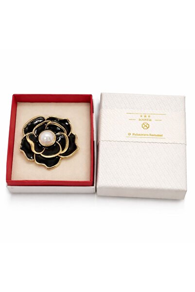 OEM Broșă Elegantă Floare Neagră cu Perlă Centrală, Finisaj Auriu, Design Pre...