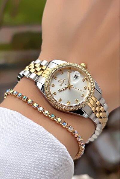 Homies Women's Wristwatch with Calendar Steel Cord Gold Silver Color Gift Bra...