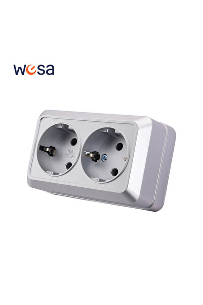 Choice5 مفتاح إضاءة خارجي فضي اللون، مزود بمقبسين أرضيين، متوافق مع معايير WE...