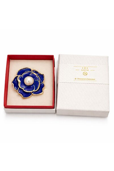 OEM Elegant Blue Flower Brooch with Central Pearl, Gold Finish, Premium Design