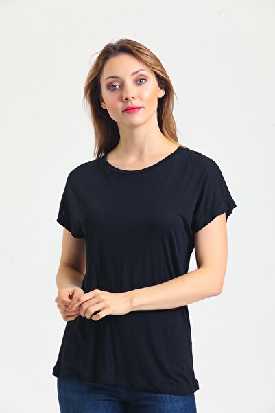 QUHOX Γυναικείο μπλουζάκι από ύφασμα μπαμπού με λαιμόκοψη μαύρο