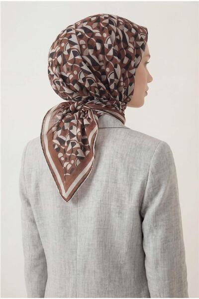 Silk Home Cotton Blend Scarf Brown Retro Geometric Patterned Soft Textured No...
