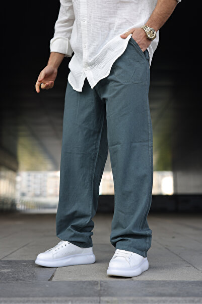 comstar Men's Trend Basic Wide Leg Petrol Baggy Linen Trousers