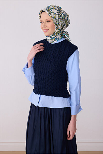 Belli Petrol Blue Ecru Classic Pattern 100% Twill Silk Scarf 4328-82