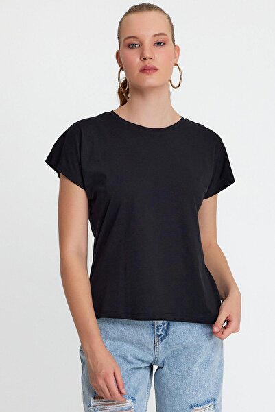 QUHOX Γυναικείο T-shirt από βαμβακερό Modal Crew Neck Μαύρο