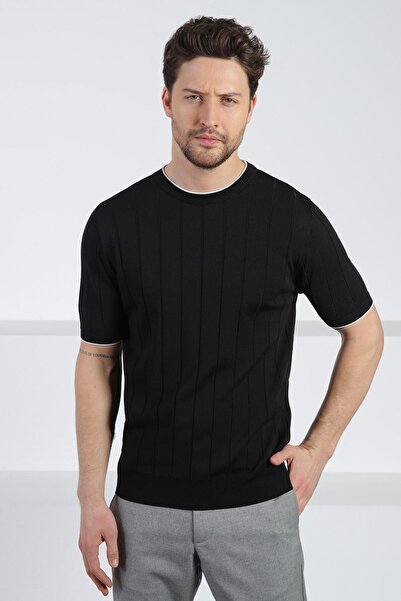 Ferraro Tricou negru pentru bărbați, cu mânecă scurtă, cu gât crew, din viscoză