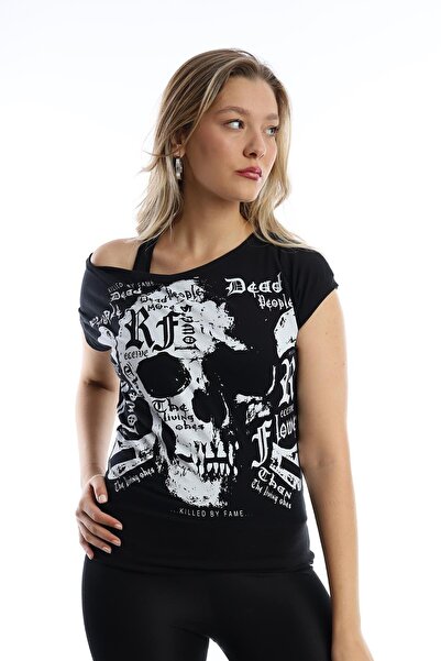 QUHOX Kadın Kuru Kafa Baskılı Geniş Yakalı T-shirt Siyah