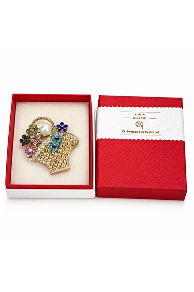 OEM Elegant Basket Brooch with Multicolored Flowers and Pearl, Gold Finish, P...