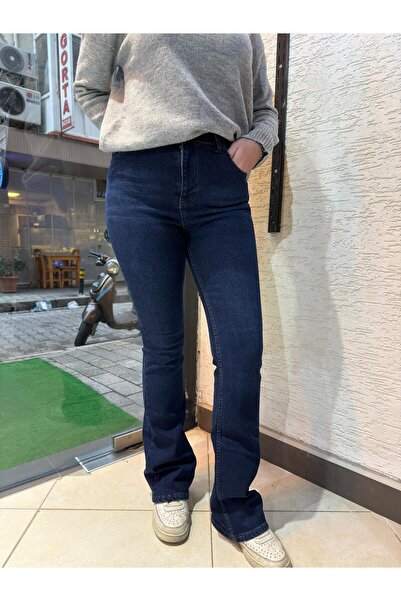 Yüksek Bel İspanyol Paça Kadın Denim Pantolon – Lacivert