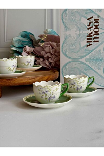 ROSSEV Porselen Türk Kahve Fincan Seti 6 Kişilik 12 Paçra Mist 90ml