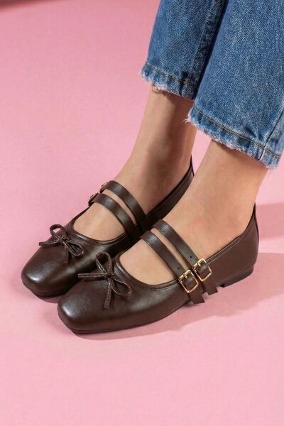 FUGA MODA Eterna Brown Leather Bowknot Gold Buckle Double Strap Ballerinas