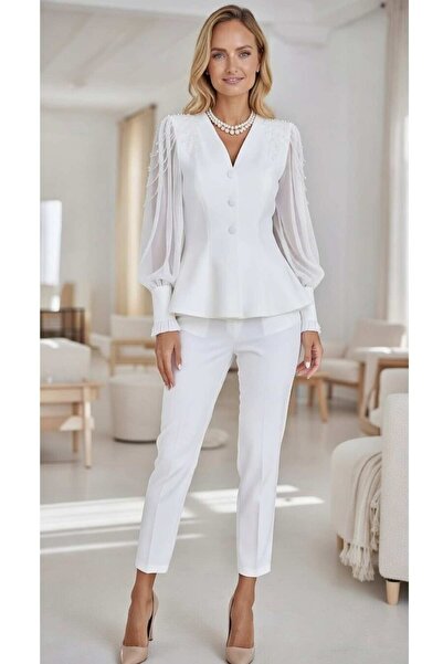 ZISHAN White Pearl Bead Embroidered Chiffon Sleeve Premium Double Set - Blous...