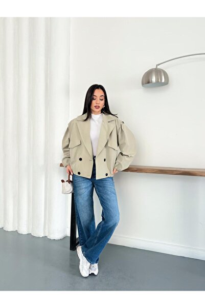 timagna Kadın Trenç Bomber Ceket Kruvaze Yaka Lastikli Bel Balon Kollu Kısa M...