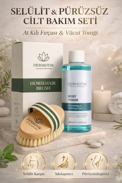 Dermotik At Kılı Fırçası & Selülit Karşıtı Vücut Toniği Seti | Bölgesel masaj...