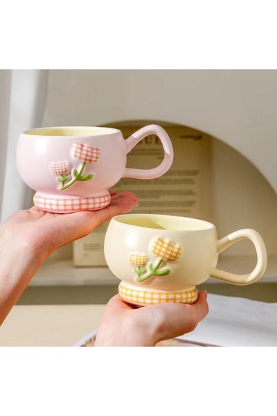 Livava Tulip Design Plaid Patterned Ceramic Mug, Stylish Design, Gift Boxed, ...