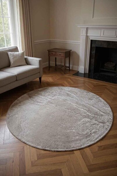 ROSSEV Peluş Model Kaydırmaz Tabanlı Yuvarlak Dekoratif Halı Vizon 100x100cm