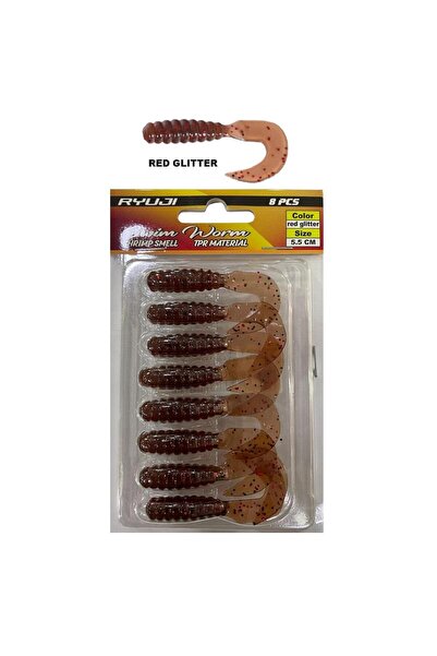 RYUJI Swim Worm 5.5cm 1.5gr Kokulu LRF Silikon Yem 8 Adet Red Glitter