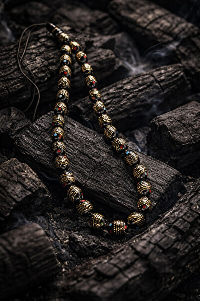 OSMANLI GÜMÜŞ Handcrafted Oval Kuka Rosary with Coral and Turquoise Stones, B...