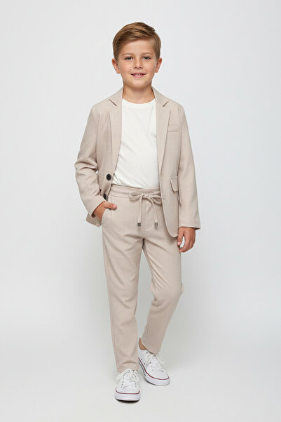 Merdia Boy's Linen Look Suit (Jacket, T-Shirt and Elastic Waist Pants) Cream