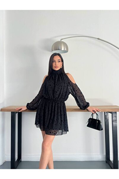 D'RECCY Women's Velvet Textured Lininged Tulle Dress