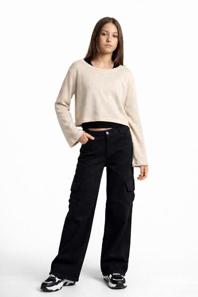 Dmb Bluză scurtă bej pentru fete, cu interior negru și pantaloni cargo negri,...