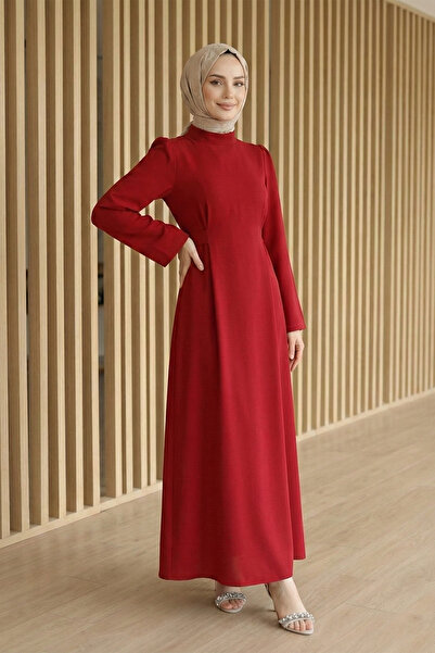 FERHEL Hakim Collar, Belted, Back Zipper, Sleeve Cuffs, Hijab Pencil Dress - Red