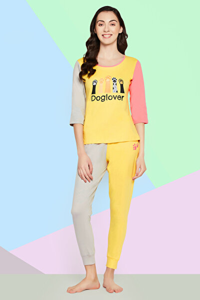 Clovia Graphic & Text Print Colourblocked Top & Joggers Set in Yellow - 100% ...