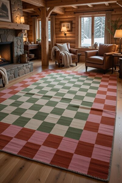 kilim home Kaymaz Tabanlı Modern Ekose Halı - Pembe Turuncu Yeşil Kareli