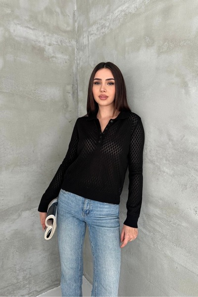 Noi Belis Polo Collar Perforated Half Placket Buttoned Knitwear Blouse Ss26Bz...