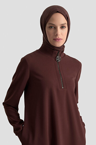 Armine Fermuar Detaylı Basic Tunik Kahve