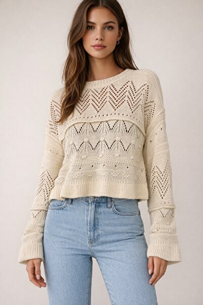 FERHEL Openwork Long Sleeve Knitwear Sweater - Ecru