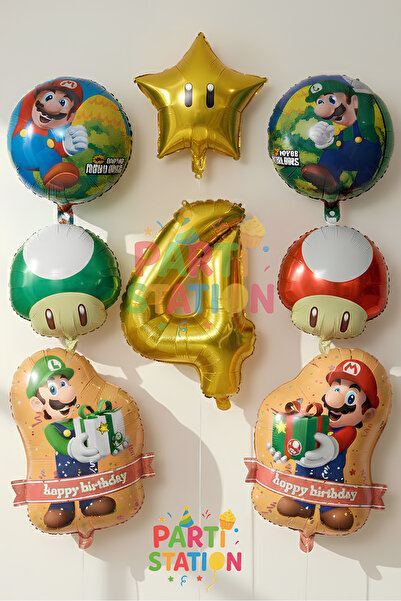 Parti Station Super Mario Balloon Set 4 Years Old - 8 Piece Foil Birthday Bal...