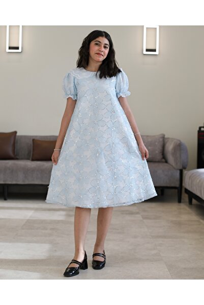 Totikids فستان بناتي سماوي مطرز ورود ببريق لامع وقصة نص كلوش - 1225