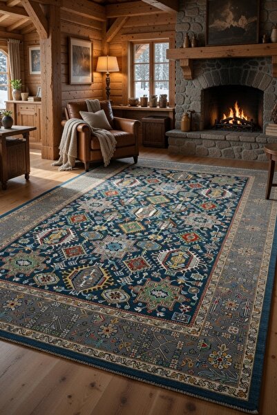 kilim home سجادة باللون الأزرق الداكن مع قاعدة مانعة للانزلاق - نمط فارسي هند...