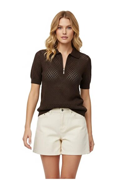 Park Karon Women's Polo Collar Half Zipper Openwork Knitwear Sweater 12429