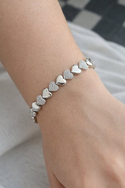 TAKIŞTIR Silver Color Heart Figured Steel Xuping Vip Bracelet with Stone Detail