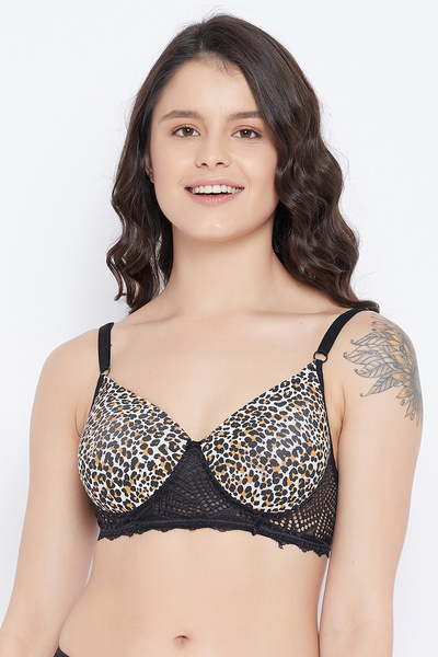 Clovia Padded Non-Wired Full Cup Animal Print T-shirt Bra in Black - Lace