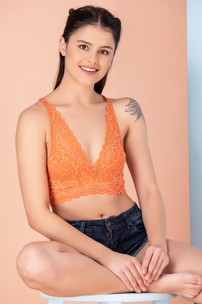 Clovia Non-Padded Non-Wired Demi Cup Racerback Bralette in Orange - Lace
