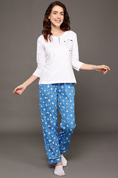 Clovia بلوزة بيضاء بنقشة خروف وبنطال بيجاما أزرق أزرق بلون الكوبالت - قطن 100%