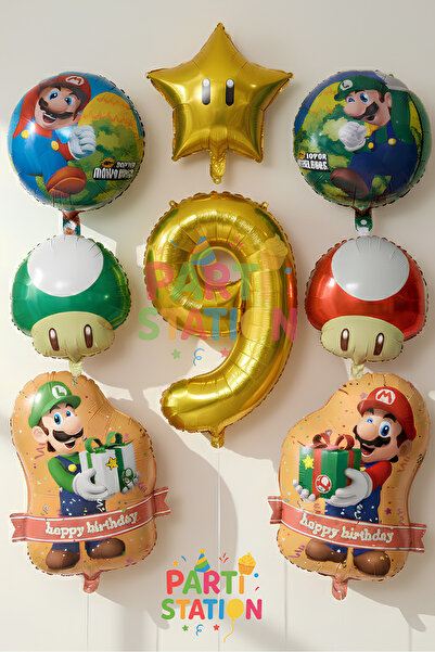 Parti Station Super Mario Balloon Set 9 Years Old - 8 Piece Foil Birthday Bal...