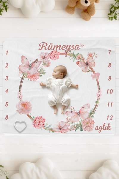 Lilabio %100 Pamuk İsme Özel Bebek Fotoğraf Çekim Anı Örtüsü (120x100 cm) Kel...