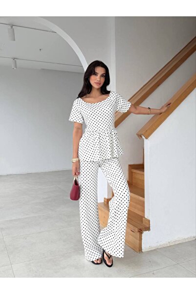 D'RECCY Women's Polka Dot Patterned Bell-Bottom Blouse and Pants Stylish Two-...