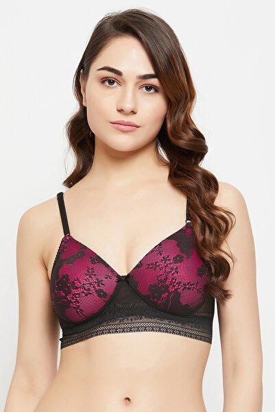 Clovia Padded Non-Wired Full Cup Bra in Magenta - Lace