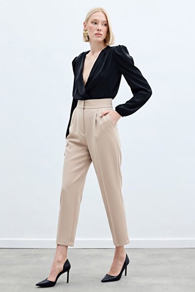 Sateen High Waist Classic Trousers - Beige