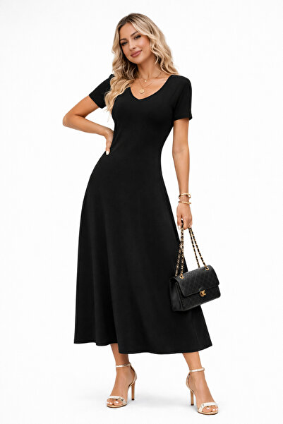 modavingo Women's Black V-Neck Short Sleeve Soft Touch Long Dress