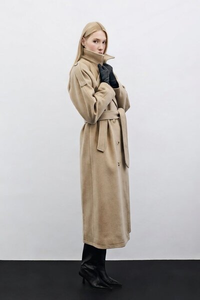Sateen Belted Long Coat - Beige